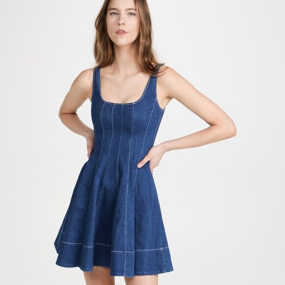 STAUD - Mini Wells Dress in Medium Wash Denim - Picture 1 of 10